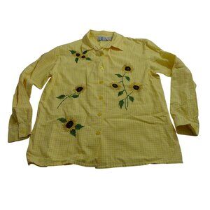 Vtg BFA Classics Yellow Gingham Sunflower Embroider Button Up Shirt Size M FLAW
